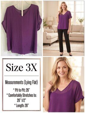 SHEIN Curve Clasi Plus Size 3X Purple V-Neck Rolled Cuff Top Blouse 20 22 24